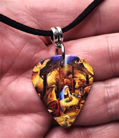 Nativity Scene Guitar Pick Necklace with Black Suede Cord