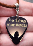 The Lord is My Rock Guitar Pick Necklace with Brown Suede Cord