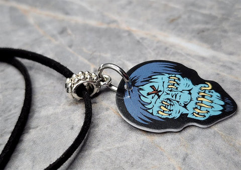 Zombie with Their Mouth Sewn Shut Guitar Pick Necklace on Black Suede Cord