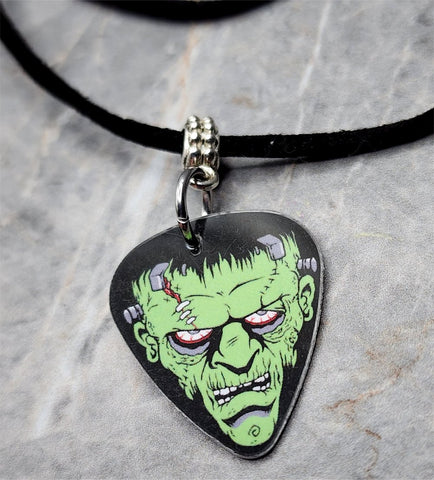 Frankenstein's Monster Guitar Pick Necklace on Black Suede Cord