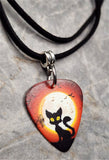 Black Cat and Flying Bats in Front of a Full Moon Guitar Pick Necklace on Black Suede Cord