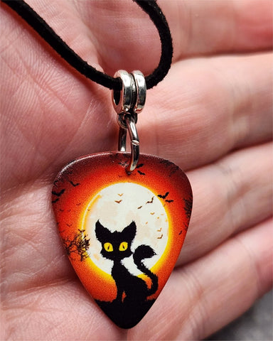 Black Cat and Flying Bats in Front of a Full Moon Guitar Pick Necklace on Black Suede Cord