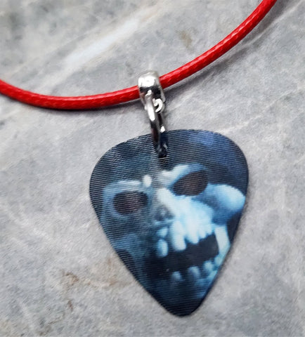 Holographic Monster Skull Guitar Pick Necklace on Red Rolled Cord