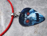 Holographic Monster Skull Guitar Pick Necklace on Red Rolled Cord