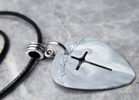 Cross Cut Out Gray Guitar Pick Necklace on Black Rolled Cord