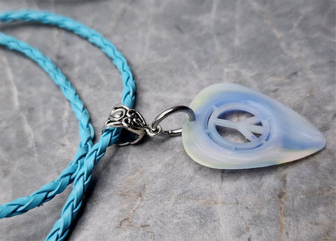 Peace Sign Cut Out Blue Guitar Pick Necklace with Light Blue Braided Cord