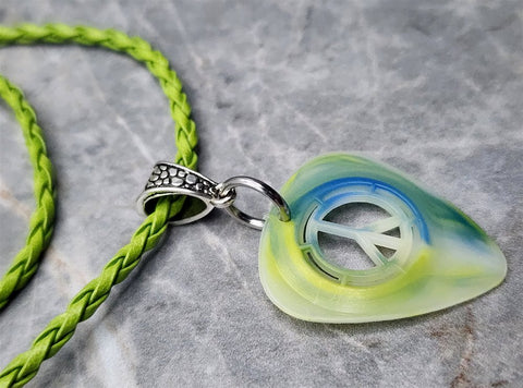 Peace Sign Cut Out Guitar Pick Necklace with Green Braided Cord