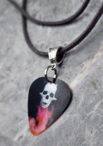 Holographic Demon Skull in Flames Guitar Pick Necklace on Gray Suede Cord