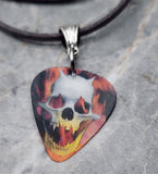 Holographic Demon Skull in Flames Guitar Pick Necklace on Gray Suede Cord