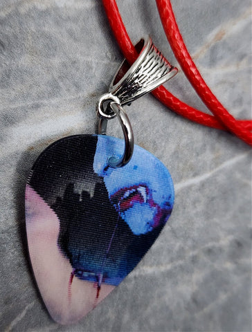 Holographic Vampire Bite Guitar Pick Necklace on Red Rolled Cord