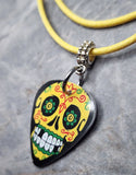 Yellow, Red and Green Sugar Skull Guitar Pick Necklace on Yellow Rolled Cord