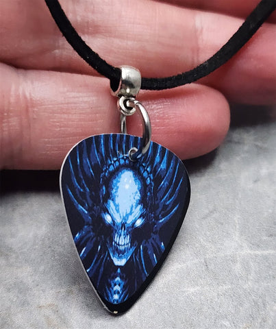 Blue Monster Guitar Pick Necklace with Black Suede Cord