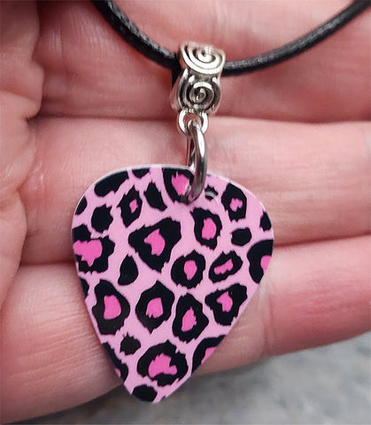 Leopard Print Pink Guitar Pick Necklace on Black Rolled Cord