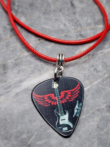 Electric Guitar with Red Wings Guitar Pick Necklace on Red Rolled Cord
