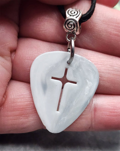 Cross Cut Out Gray Guitar Pick Necklace with Black Suede Cord