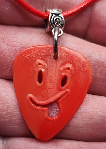 Sticking Out It's Tongue Emoji Cut Out Red Guitar Pick with Red Rolled Cord Necklace