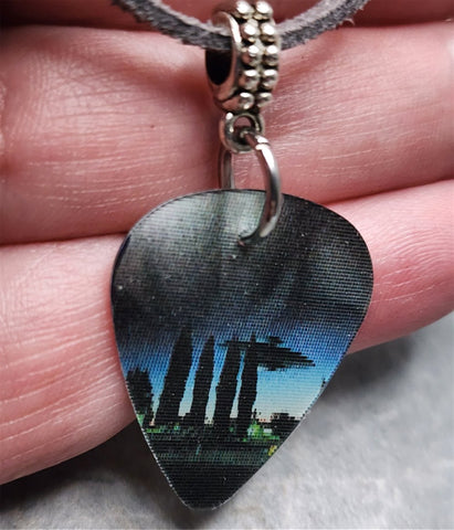 Holographic Aliens and Stonehenge Guitar Pick Necklace on Gray Suede Cord