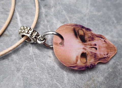 Holographic Skull Guitar Pick Necklace with Tan Rolled Cord