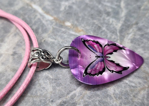 Butterfly Purple MOP Guitar Pick Necklace with Pink Rolled Cord