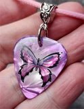 Butterfly Purple MOP Guitar Pick Necklace with Pink Rolled Cord