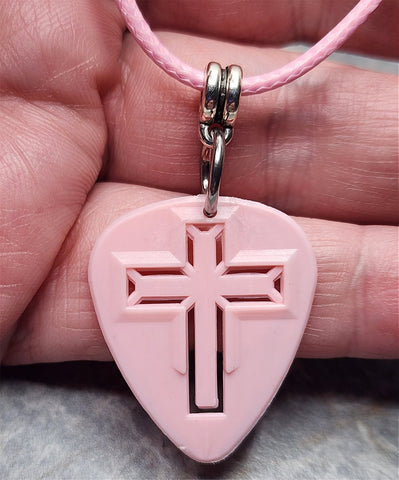 Cross Cut Out Pink Guitar Pick Necklace on Pink Rolled Cord