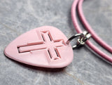 Cross Cut Out Pink Guitar Pick Necklace on Pink Rolled Cord