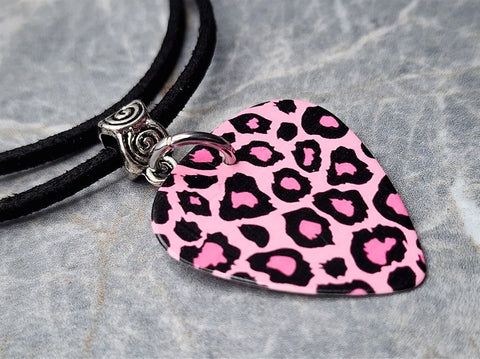 Pink and Black Leopard Print Guitar Pick Necklace with Suede Cord