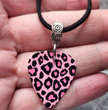 Pink and Black Leopard Print Guitar Pick Necklace with Suede Cord