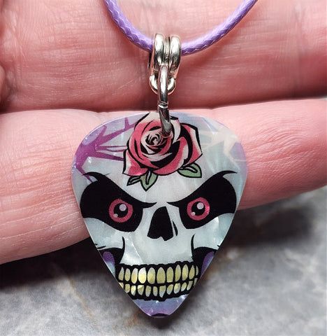 Skull and Rose Guitar Pick Necklace with Purple Rolled Cord