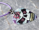 Skull and Rose Guitar Pick Necklace with Purple Rolled Cord