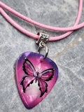 Butterfly Purple to Pink Ombre Guitar Pick Necklace with Pink Rolled Cord