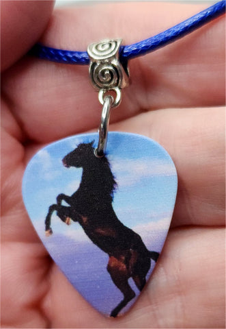 Horse Rearing Up Guitar Pick Necklace with Dark Blue Rolled Cord