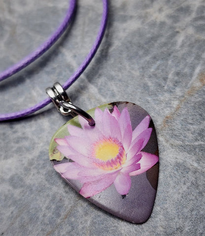 Beautiful Purple Lotus Flower Guitar Pick Necklace on Purple Rolled Cord
