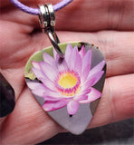 Beautiful Purple Lotus Flower Guitar Pick Necklace on Purple Rolled Cord