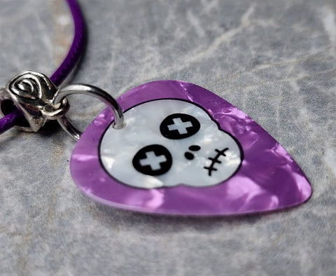 Skull on a Purple MOP Guitar Pick Necklace with Purple Rolled Cord