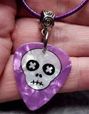 Skull on a Purple MOP Guitar Pick Necklace with Purple Rolled Cord