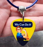 Rosie the Riveter Guitar Pick Necklace with Blue Rolled Cord