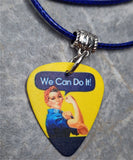 Rosie the Riveter Guitar Pick Necklace with Blue Rolled Cord