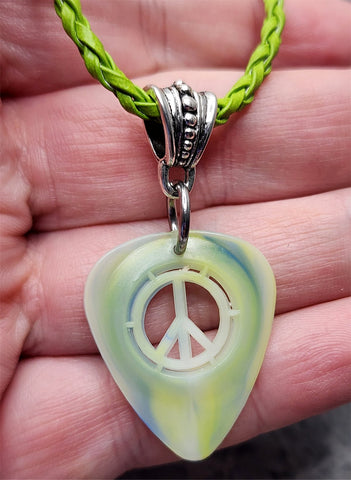 Peace Sign Cut Out Guitar Pick Necklace with Green Braided Cord