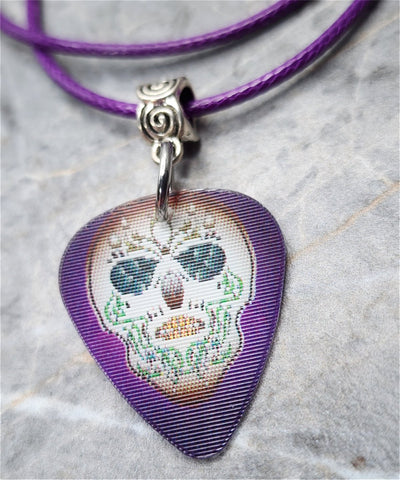 Holographic Sugar Skull Guitar Pick Necklace on Purple Rolled Cord