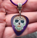 Holographic Sugar Skull Guitar Pick Necklace on Purple Rolled Cord