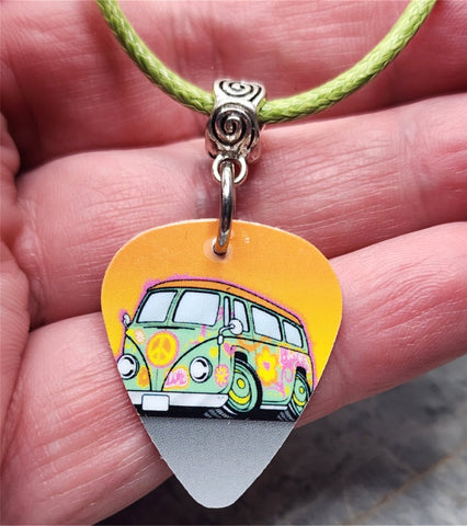 VW Hippie Bus Guitar Pick Necklace on Rolled Lime Green Cord