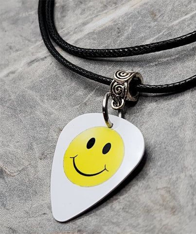 Happy Face Emoji Guitar Pick Necklace with Black Rolled Cord