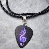Purple G Clef Black Guitar Pick Necklace on Black Braided Cord