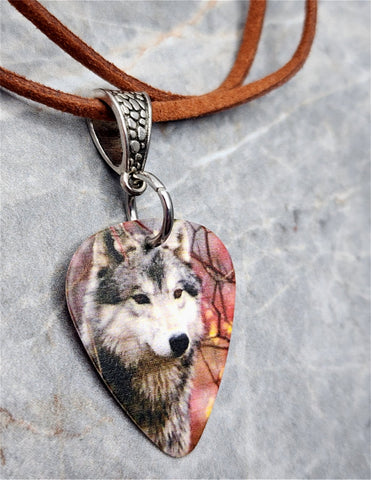 Autumn Wolf Guitar Pick Necklace on Brown Suede Cord