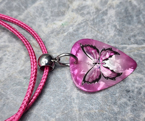 Magenta Butterfly Guitar Pick Necklace with Magenta Rolled Cord