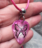 Magenta Butterfly Guitar Pick Necklace with Magenta Rolled Cord