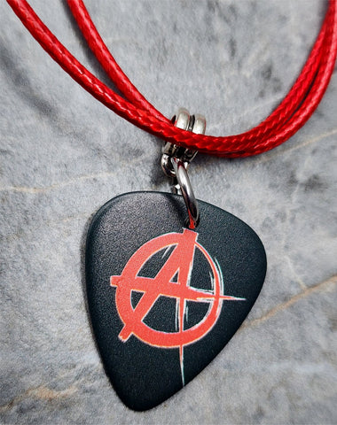 Anarchy Guitar Pick Necklace on Red Rolled Cord
