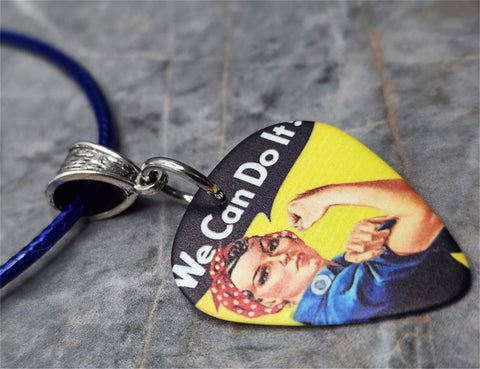 Rosie the Riveter Guitar Pick Necklace with a Blue Rolled Cord