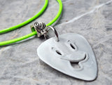 Tongue out Face Emoji Cut Out Gray Guitar Pick Necklace with Neon Green Rolled Cord